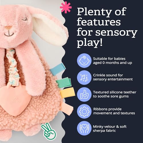 Itzy Ritzy Pink Bunny Lovey with Silicone Teether – Soft Sherpa & Minky Baby Security Blanket