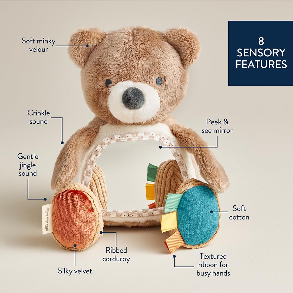 Itzy Ritzy Sensory Tummy Time Toy Mirror – Bear with Crinkle & Jingle Sounds, Textures, and Self-Discovery Mirror for Infants 0+ Months