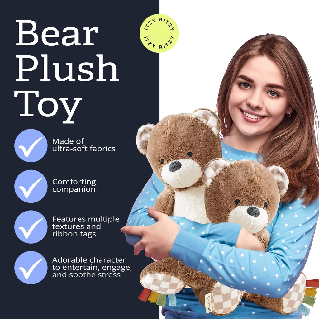 Itzy Ritzy Snuggles Plush Bear – Soft Sensory Toy with Ribbons for Newborns & Up