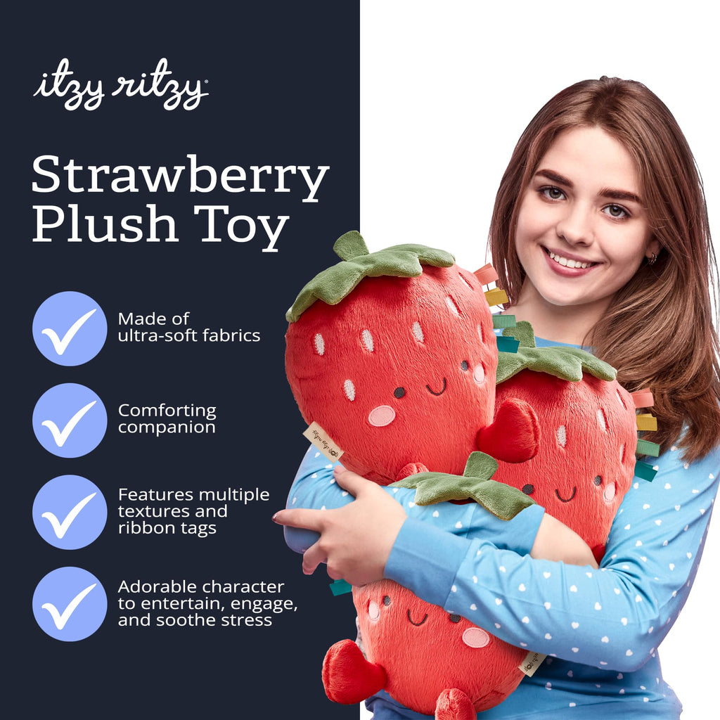 Itzy Ritzy Snuggles Plush Toy – Soft Strawberry Stuffed Animal with Sensory Ribbons for Babies & Up