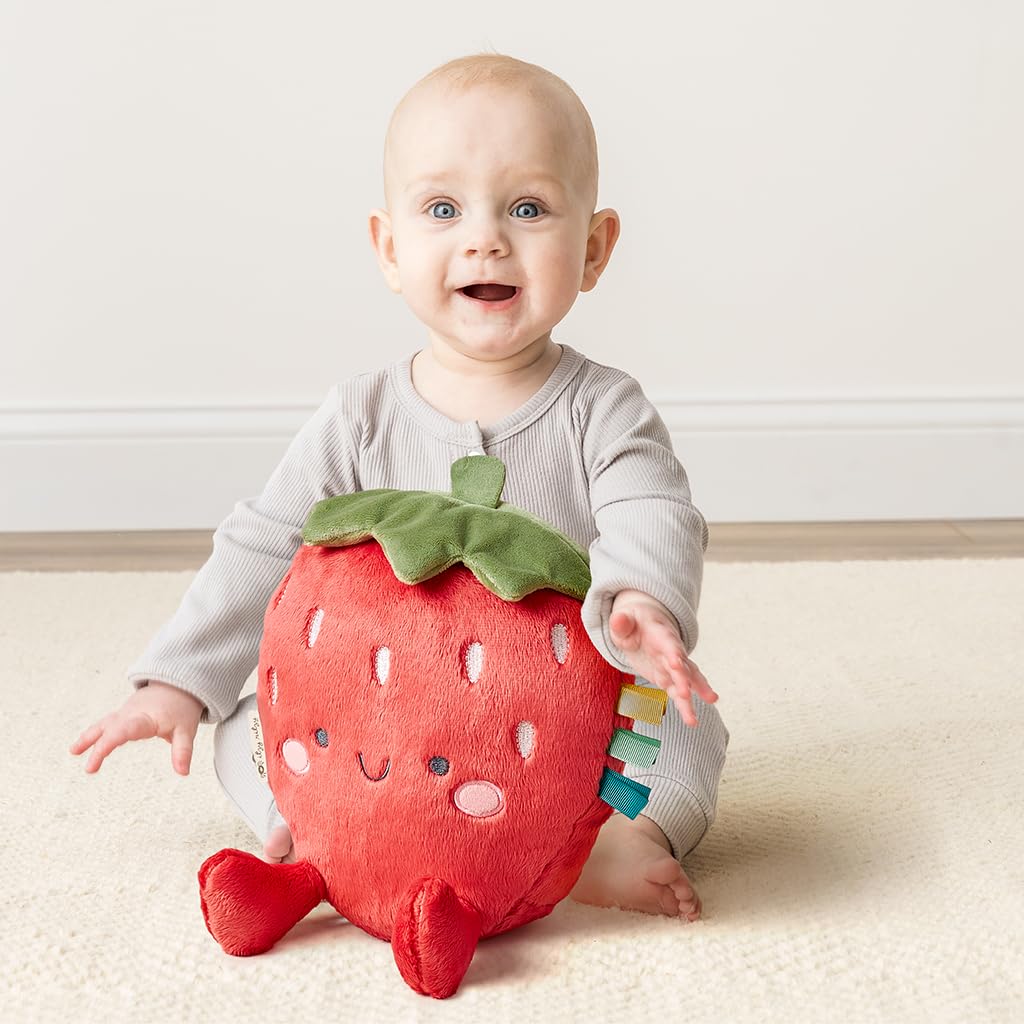 Itzy Ritzy Snuggles Plush Toy – Soft Strawberry Stuffed Animal with Sensory Ribbons for Babies & Up