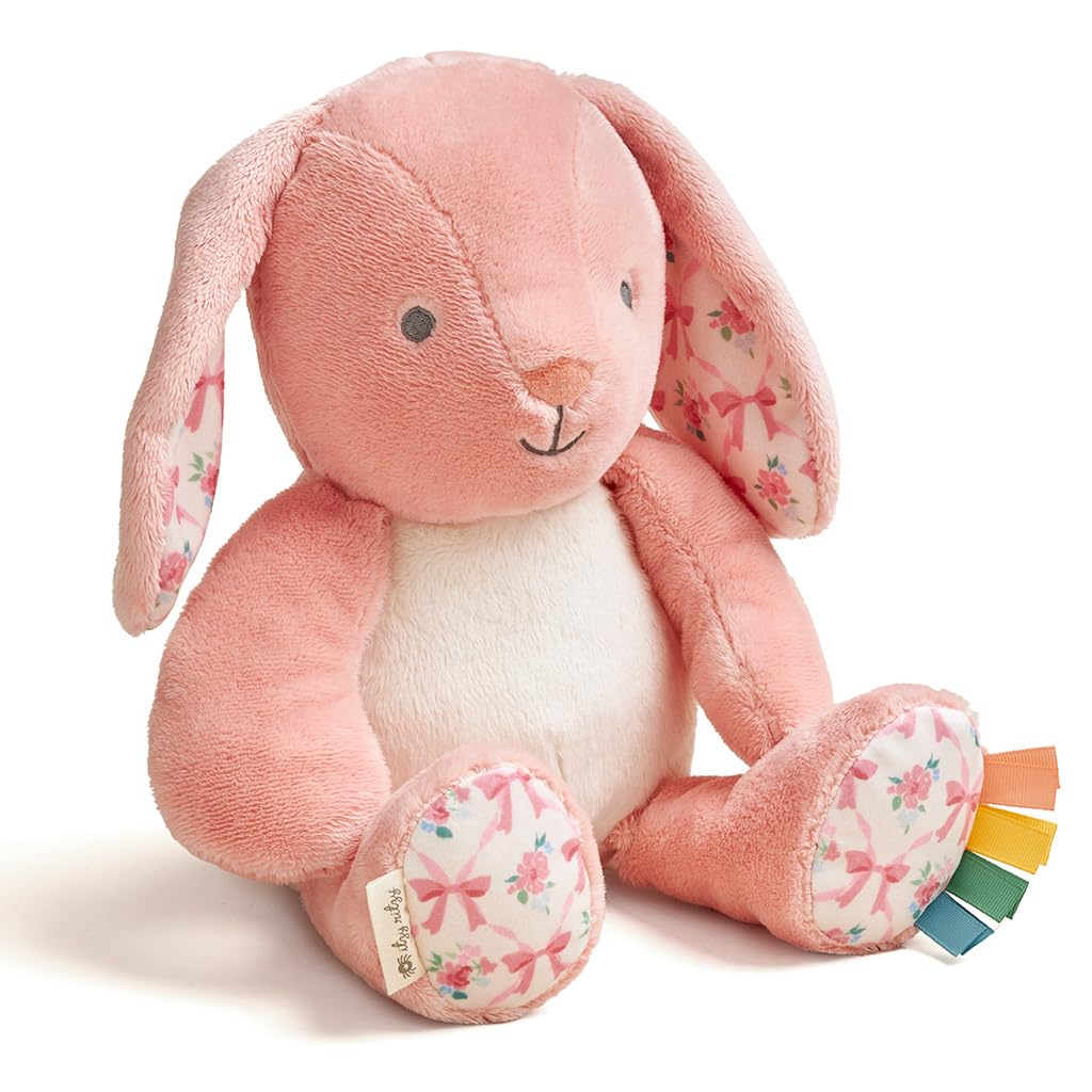 Itzy Ritzy Snuggleverse Pink Bunny Plush – Soft Minky Stuffed Animal with Sensory Ribbons for Babies & Up