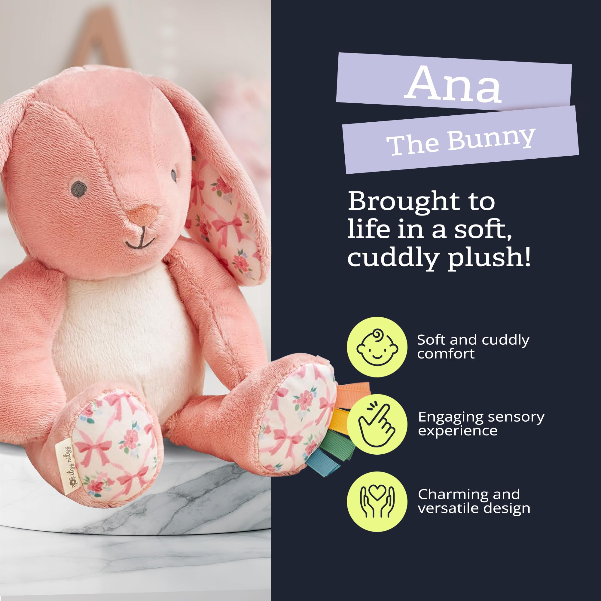 Itzy Ritzy Snuggleverse Pink Bunny Plush – Soft Minky Stuffed Animal with Sensory Ribbons for Babies & Up