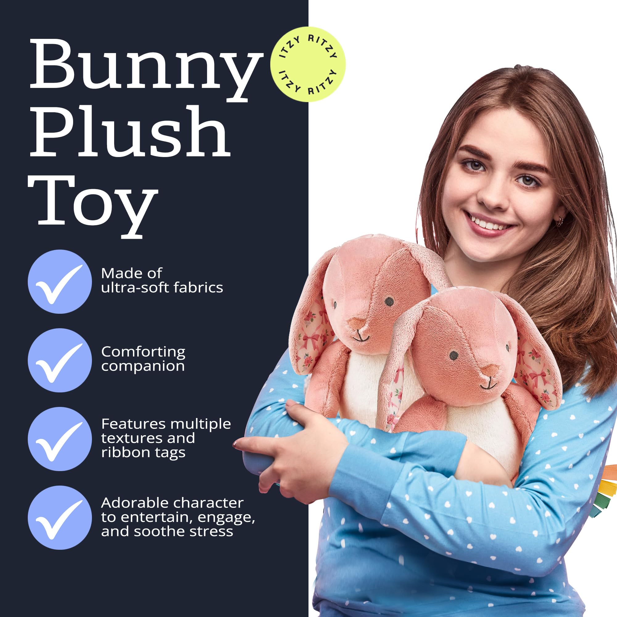 Itzy Ritzy Snuggleverse Pink Bunny Plush – Soft Minky Stuffed Animal with Sensory Ribbons for Babies & Up