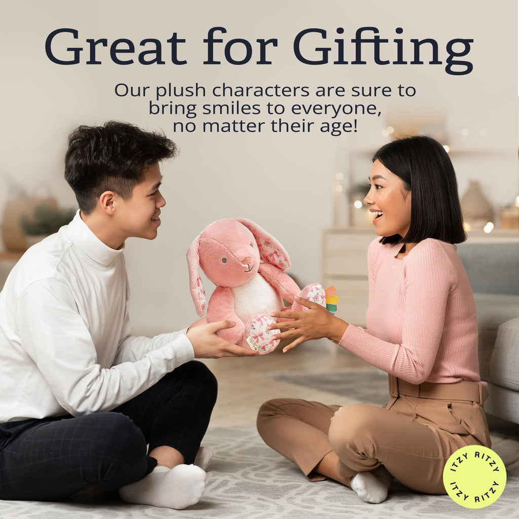 Itzy Ritzy Snuggleverse Pink Bunny Plush – Soft Minky Stuffed Animal with Sensory Ribbons for Babies & Up