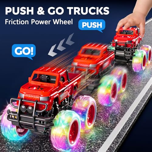 iValea Light-Up Monster Trucks 2-Pack: Pull-Back Toy Cars with LED Wheels for Toddlers Ages 3-6