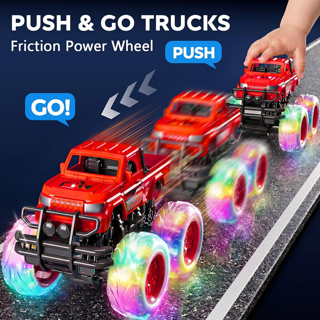 iValea Light-Up Monster Trucks 2-Pack: Pull-Back Toy Cars with LED Wheels for Toddlers Ages 3-6