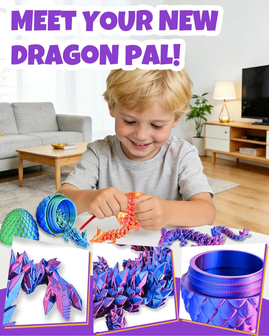 Ivrmtal 4-Pack 3D Printed Dragon Eggs with Articulated Crystal Dragons – Easter Basket Stuffers for Kids