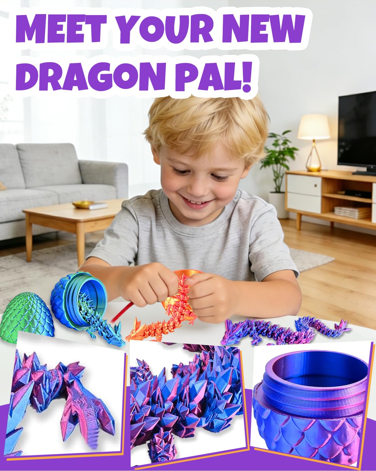 Ivrmtal 4-Pack 3D Printed Dragon Eggs with Articulated Crystal Dragons – Easter Basket Stuffers for Kids
