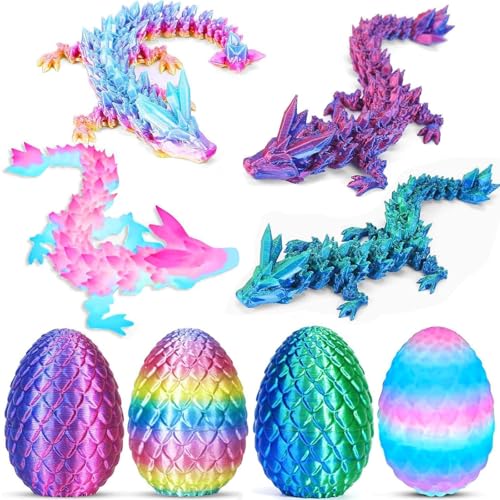 Ivrmtal 4-Pack 3D Printed Dragon Eggs with Articulated Crystal Dragons – Easter Basket Stuffers for Kids