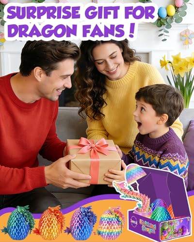 Ivrmtal 4-Pack 3D Printed Dragon Eggs with Articulated Crystal Dragons Inside - Easter Basket Stuffers for Kids