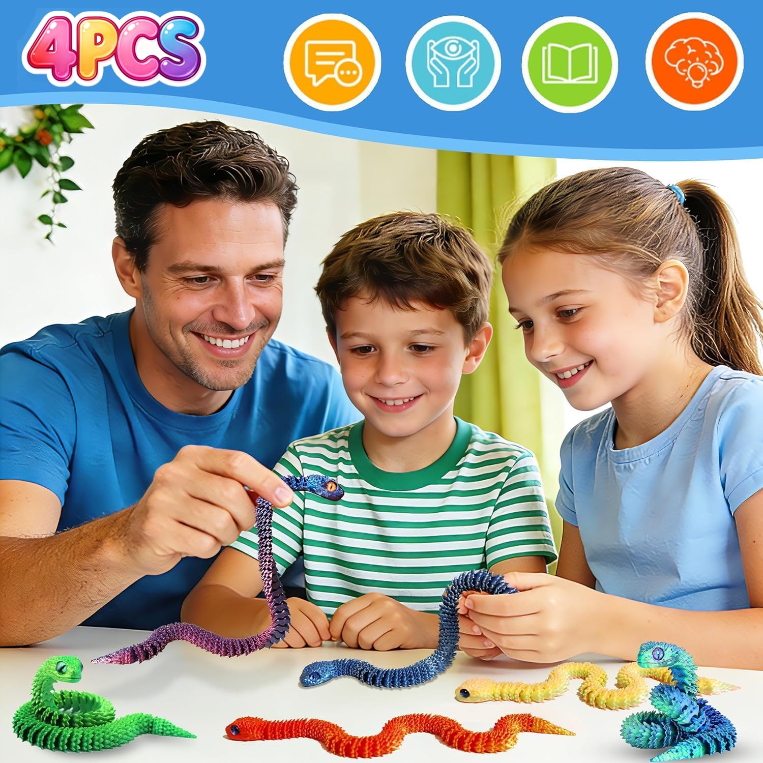 Ivrmtal 4-Pack 3D Printed Snake Toys – 12-Inch Flexible Fidget Snakes for Stress Relief and Decor
