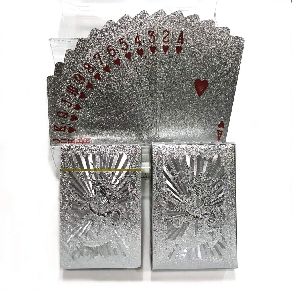 Ivymei 2 Pack Silver Foil Dragon Playing Cards – Waterproof PVC Poker Deck with High Flexibility