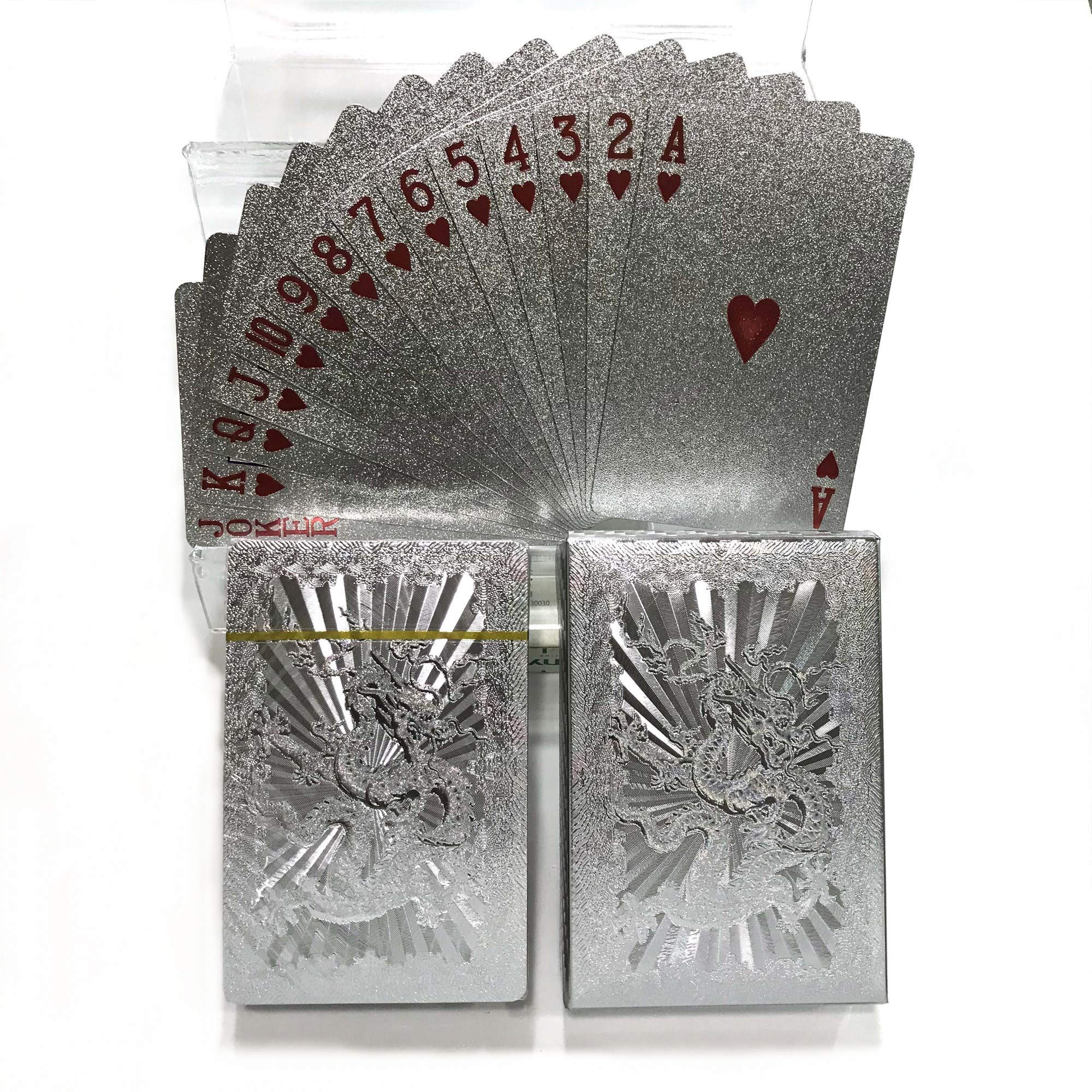 Ivymei 2 Pack Silver Foil Dragon Playing Cards – Waterproof PVC Poker Deck with High Flexibility