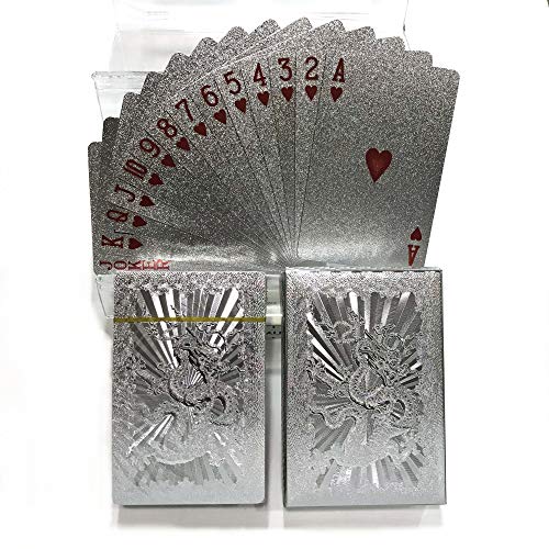 Ivymei 2 Pack Silver Foil Dragon Playing Cards – Waterproof PVC Poker Deck with High Flexibility