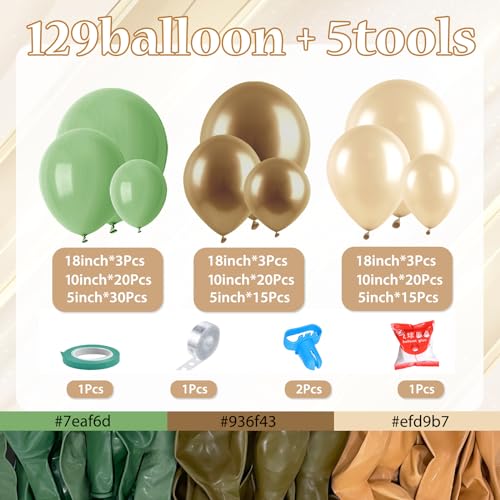 Iyovgoo 134-Piece Sage Green Tan Balloon Arch Kit for Baby Shower, Gender Reveal, Jungle Safari Woodland Party