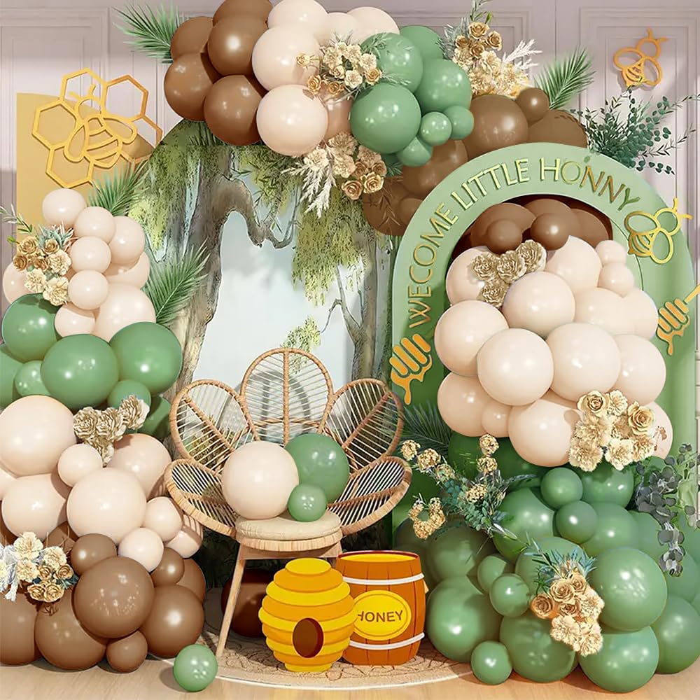 Iyovgoo 134-Piece Sage Green Tan Balloon Arch Kit for Baby Shower, Gender Reveal, Jungle Safari Woodland Party