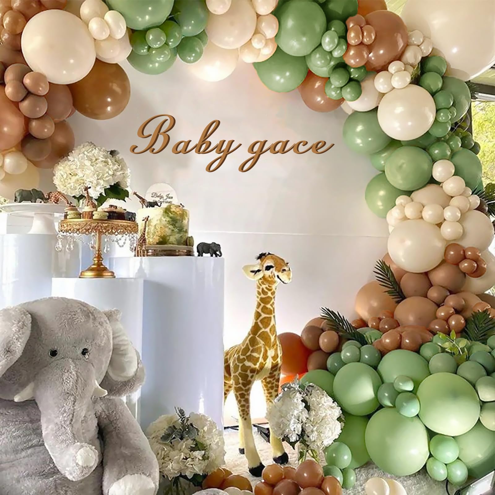 Iyovgoo 134-Piece Sage Green Tan Balloon Arch Kit for Baby Shower, Gender Reveal, Jungle Safari Woodland Party