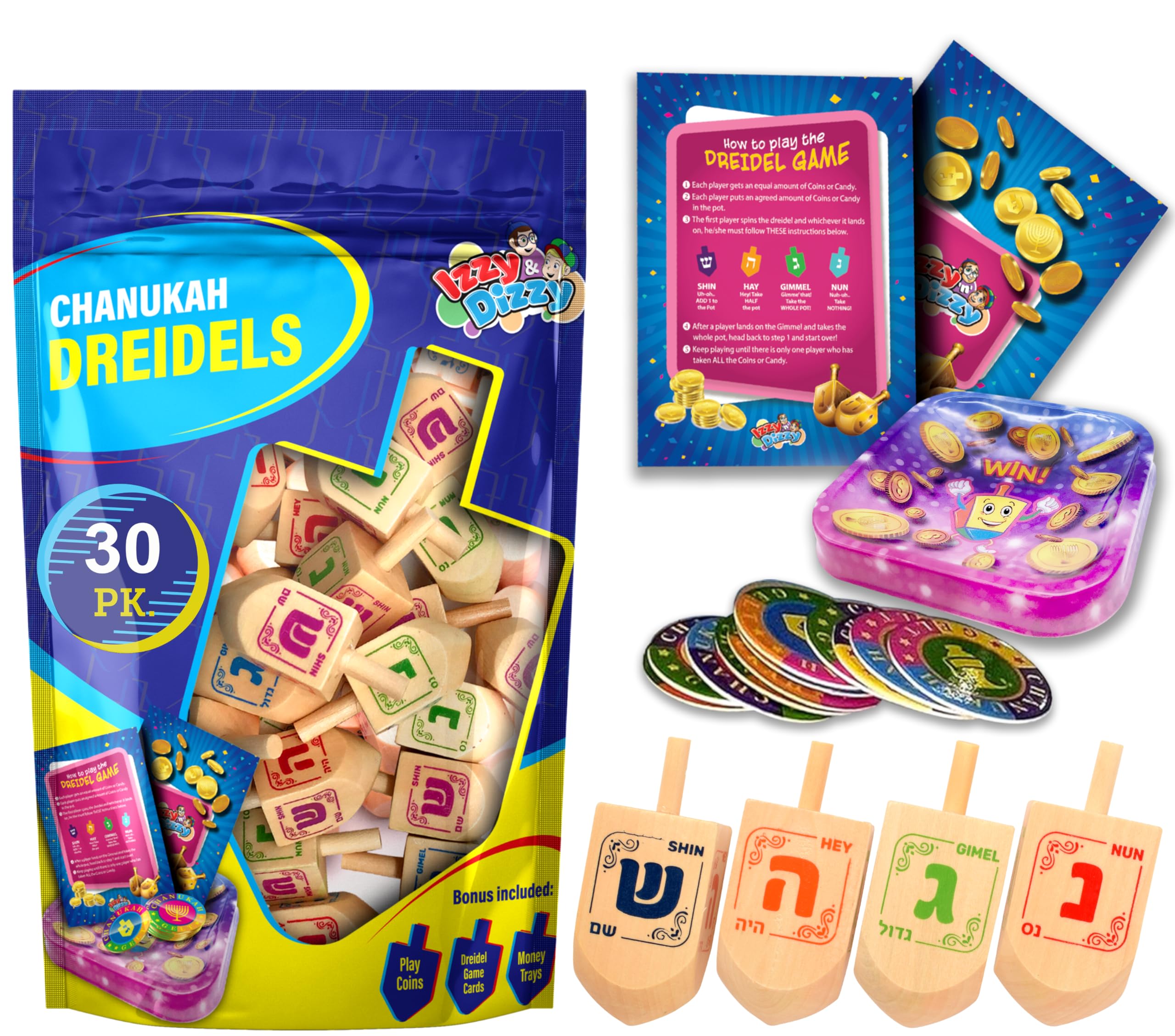 Izzy 'n' Dizzy Bulk Wood Dreidels – Pack of 30 for Chanukah Games, Party Favors, and Gift Bags