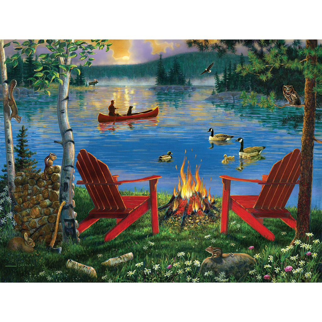 J. Charles 'Adirondack Chairs and Fire' 550-Piece Jigsaw Puzzle – 24x18 Inches, Intermediate