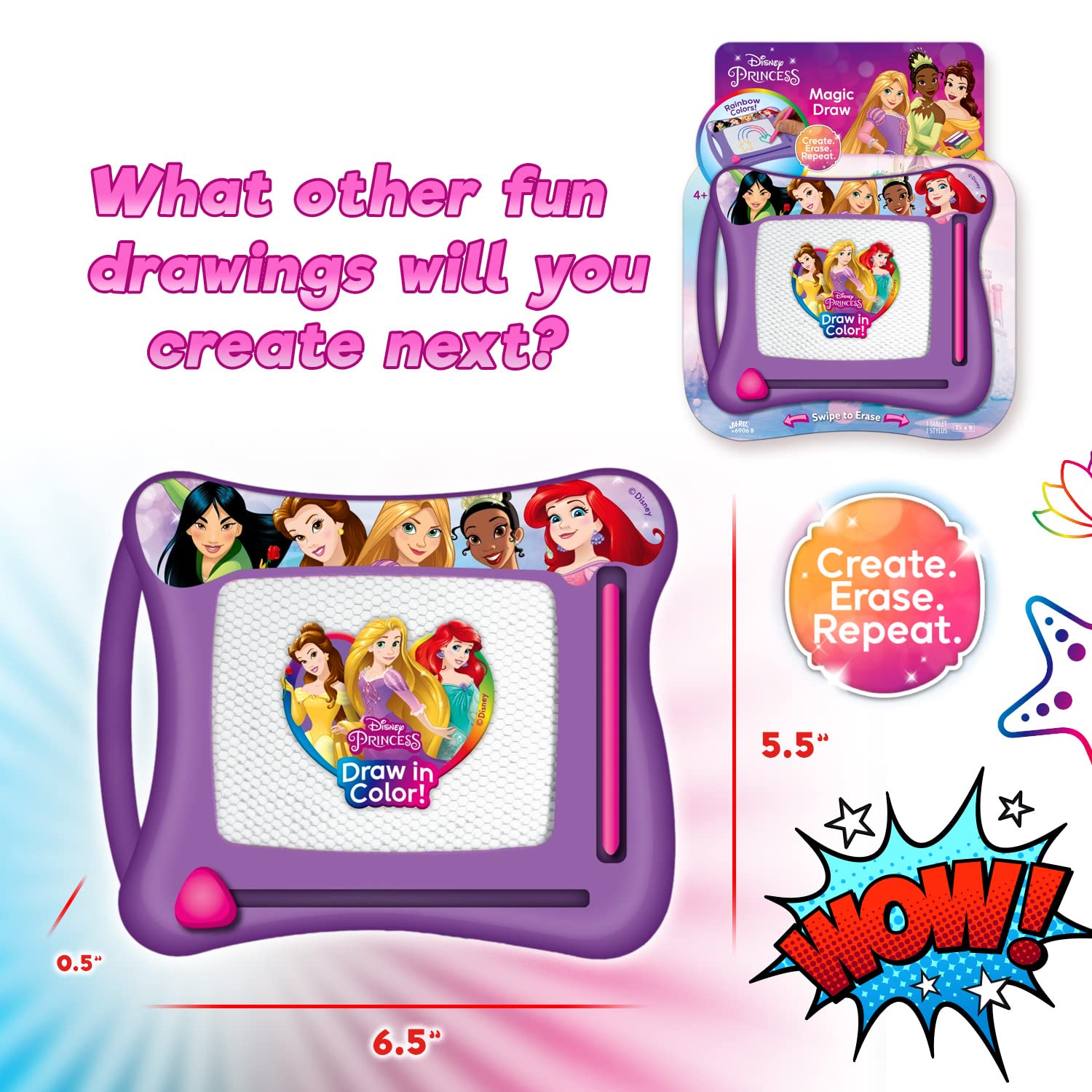 JA-RU Disney Princess Magic Draw Magnetic Drawing Pad – Mess-Free Doodle Board for Kids, Travel Toy with Stylus