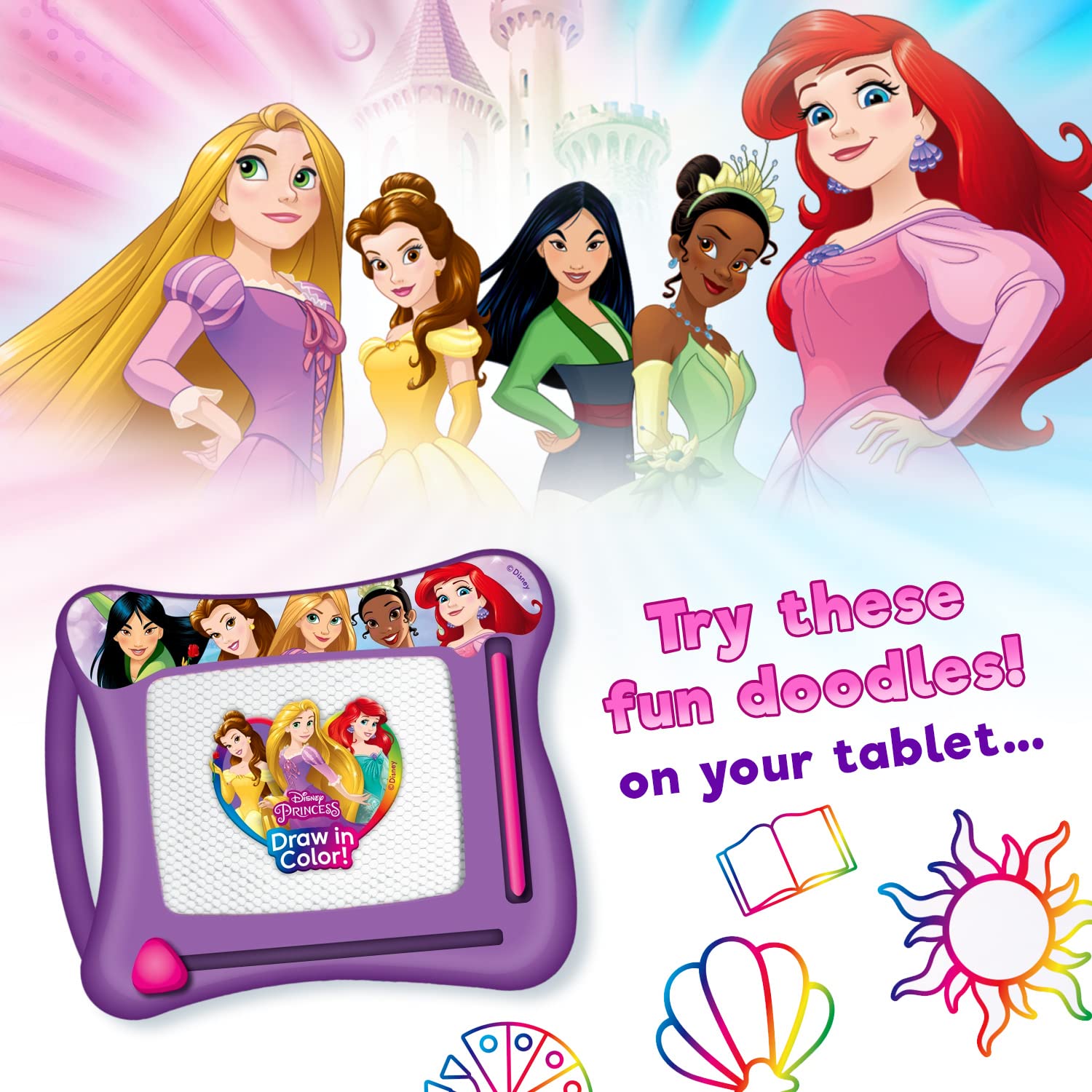 JA-RU Disney Princess Magic Draw Magnetic Drawing Pad – Mess-Free Doodle Board for Kids, Travel Toy with Stylus