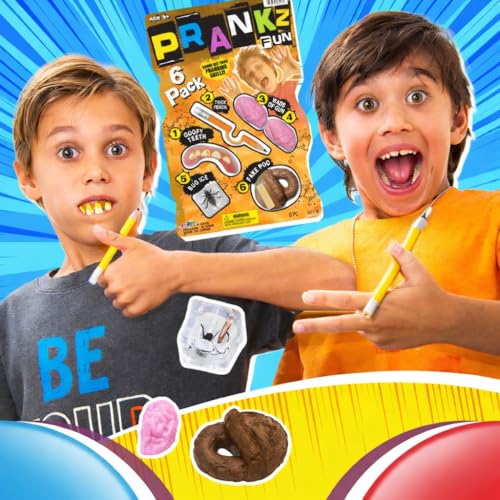 JA-RU Prank Kit for Kids – 6 Gag Toys: Goofy Teeth, Trick Pencil, Bug Ice, Fake Poo, Nail Finger, and More – April Fools Party Favor