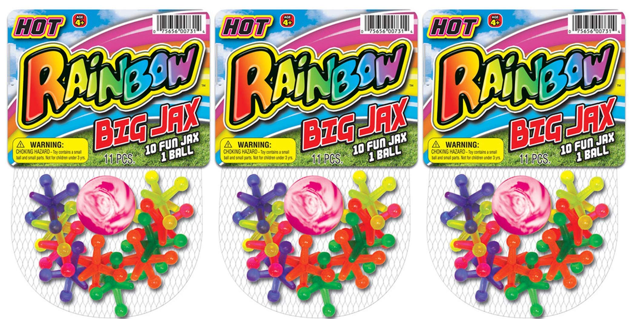 JA-RU Rainbow Jax 3-Pack: Neon Big Plastic Jacks Game with Bounce Ball for Kids & Adults