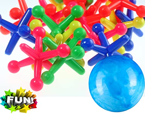 JA-RU Rainbow Jax 3-Pack: Neon Big Plastic Jacks Game with Bounce Ball for Kids & Adults