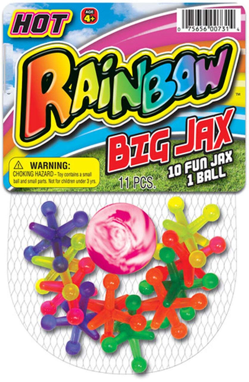 JA-RU Rainbow Jax 3-Pack: Neon Big Plastic Jacks Game with Bounce Ball for Kids & Adults