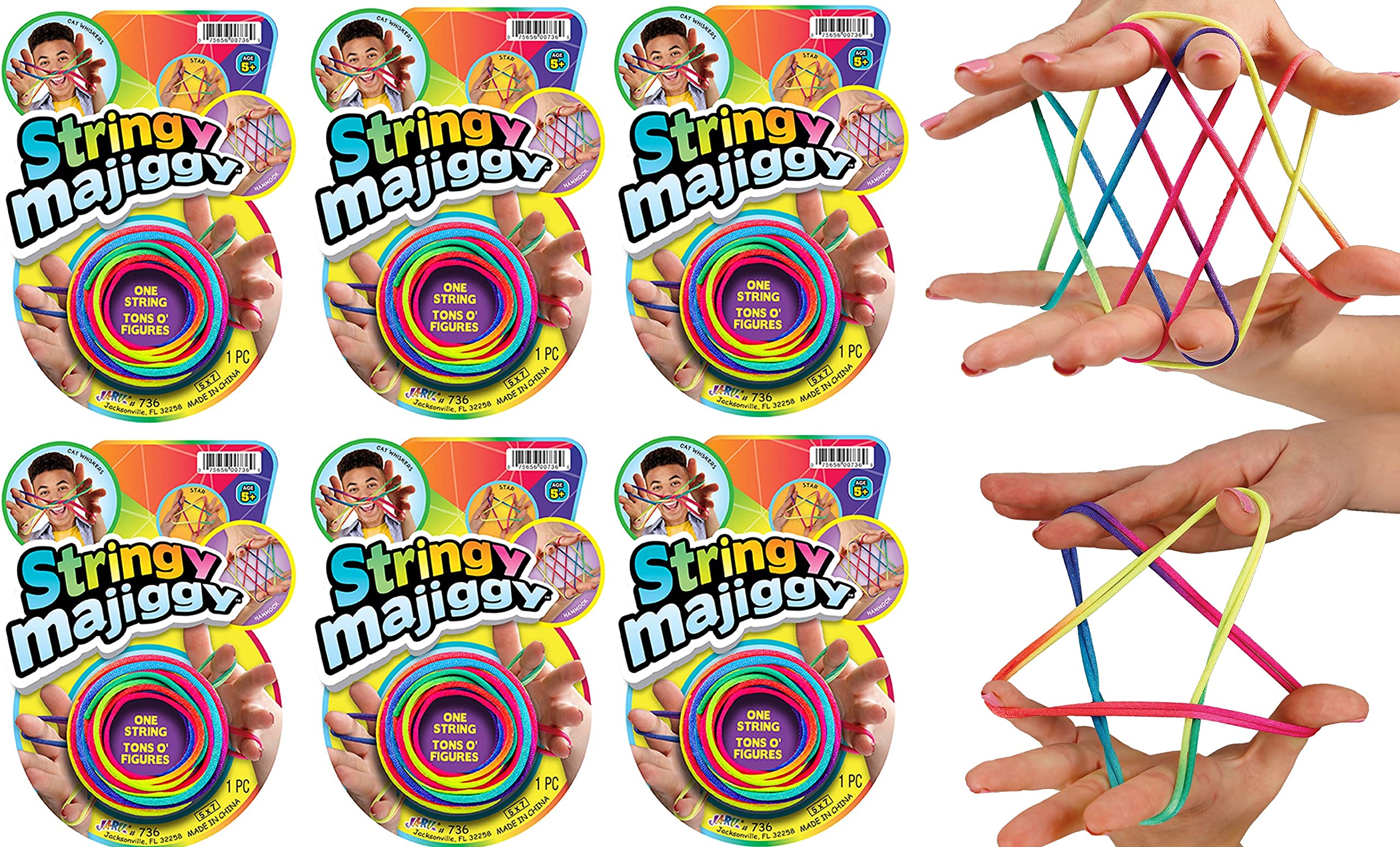 JA-RU Stringy Majiggy Cats Cradle - 6 Pack of 65-Inch Rainbow Neon String Toys with Bouncy Ball