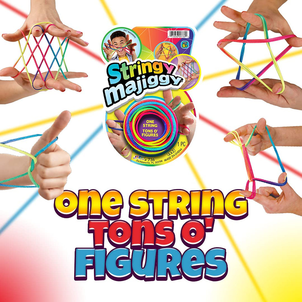 JA-RU Stringy Majiggy Cats Cradle - 6 Pack of 65-Inch Rainbow Neon String Toys with Bouncy Ball