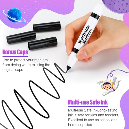Janlaugh 24-Pack Black Washable Markers, Broad Conical Tip, Non-Toxic, Bulk for Kids Art Projects