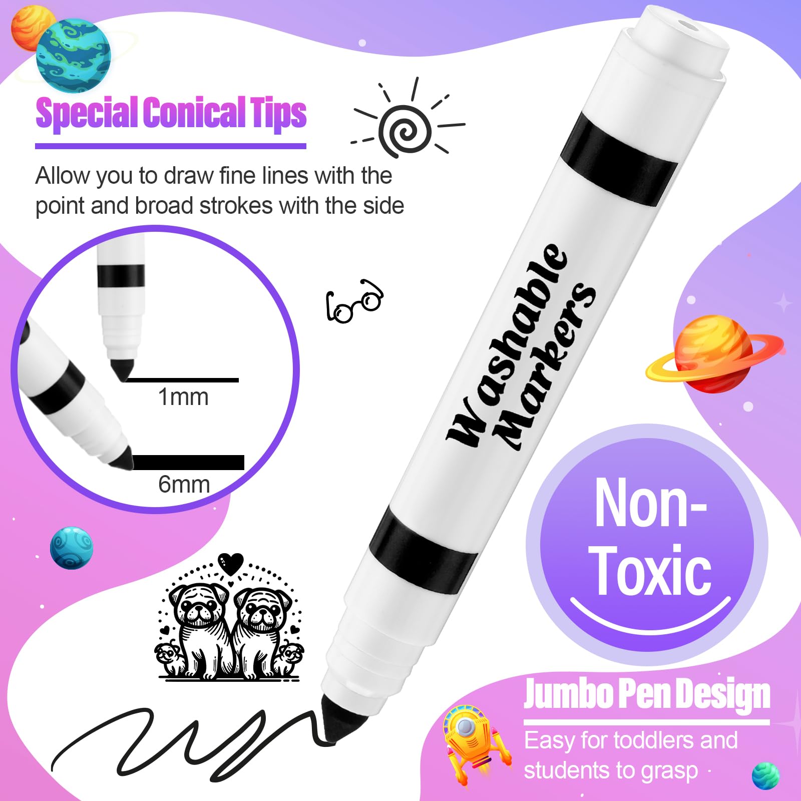 Janlaugh 24-Pack Black Washable Markers, Broad Conical Tip, Non-Toxic, Bulk for Kids Art Projects