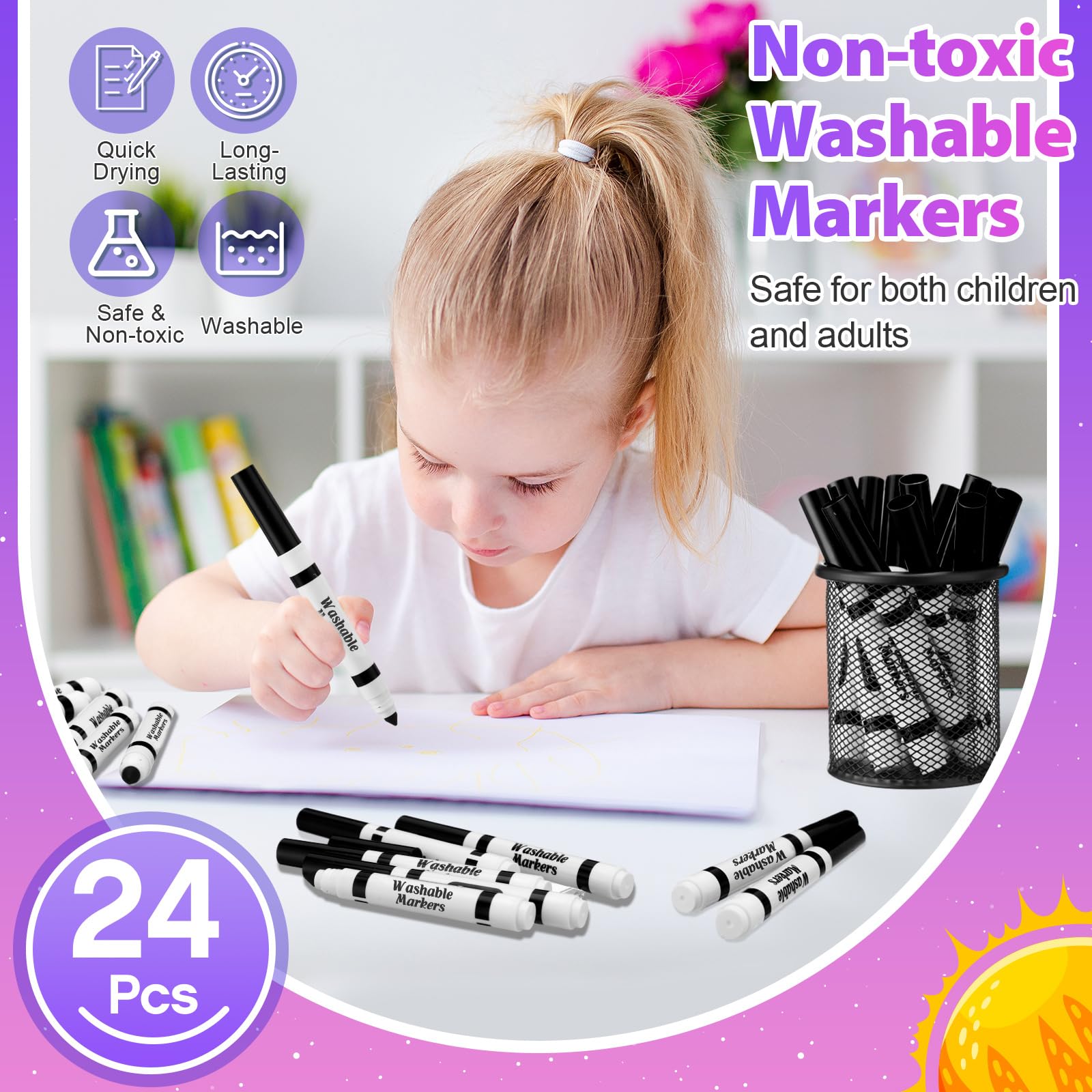 Janlaugh 24-Pack Black Washable Markers, Broad Conical Tip, Non-Toxic, Bulk for Kids Art Projects