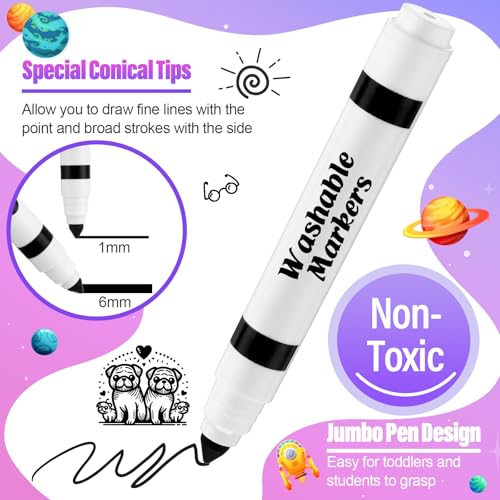 Janlaugh 24-Pack Black Washable Markers, Broad Conical Tip, Non-Toxic, Bulk for Kids Art Projects