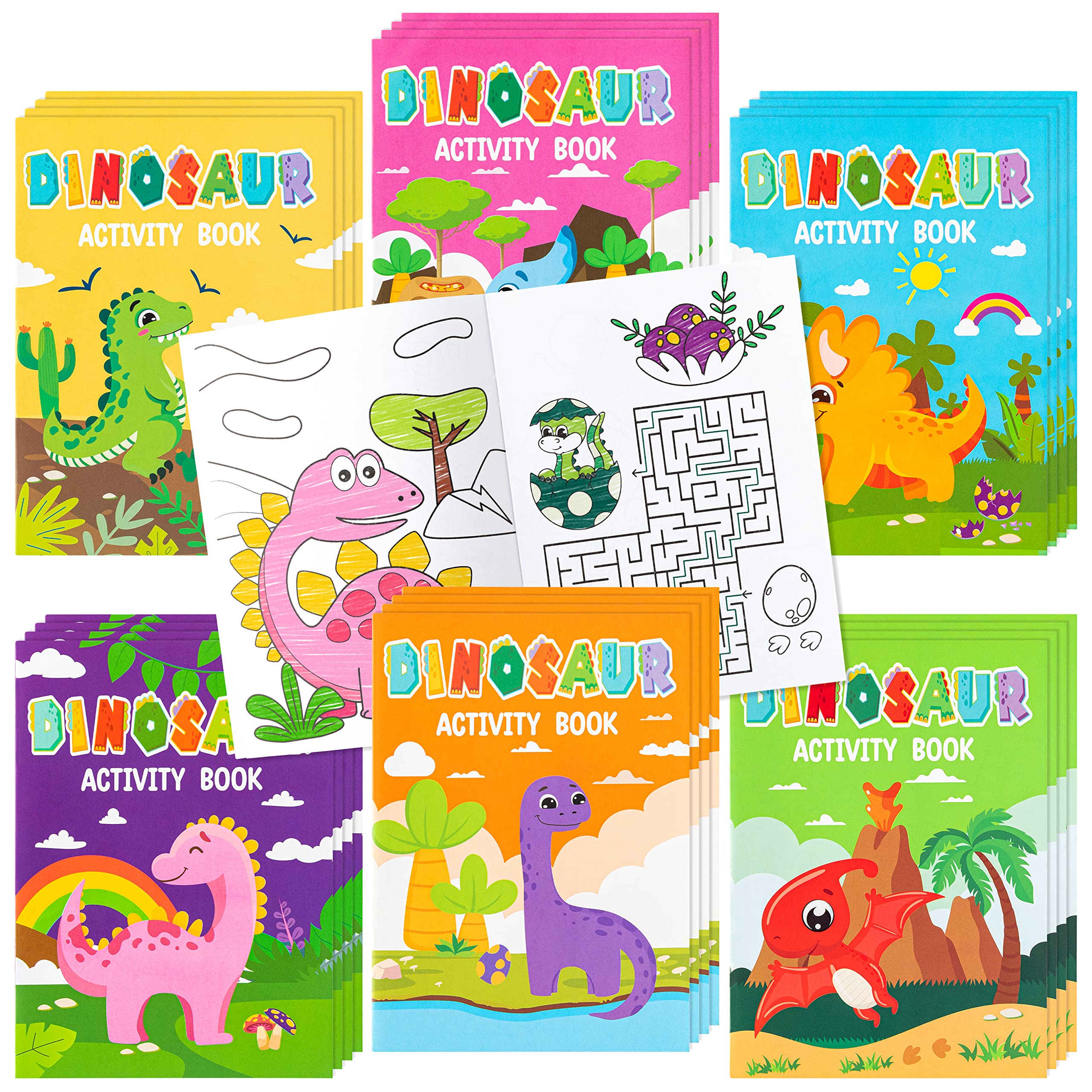 JAPBOR 24-Pack Dinosaur Coloring Books for Kids: Mini Activity Booklets with Mazes & Dot-to-Dot, Bulk Party Favors