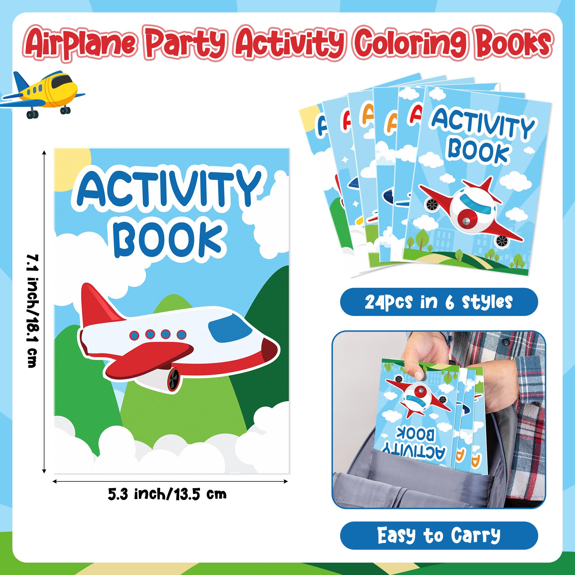 JAPBOR 24-Pack Mini Airplane Coloring Books for Kids Party Favors - 6 Designs, Activity Games Included