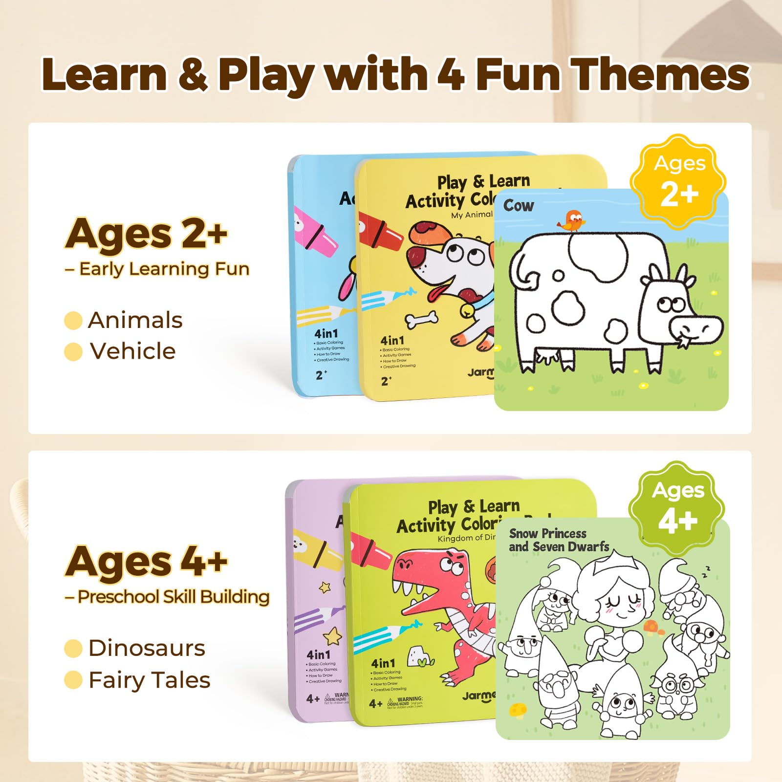 Jar Melo Toddler Coloring Books Ages 2-4: Animals & Vehicles 2-Pack with Stickers and Reward Certificate