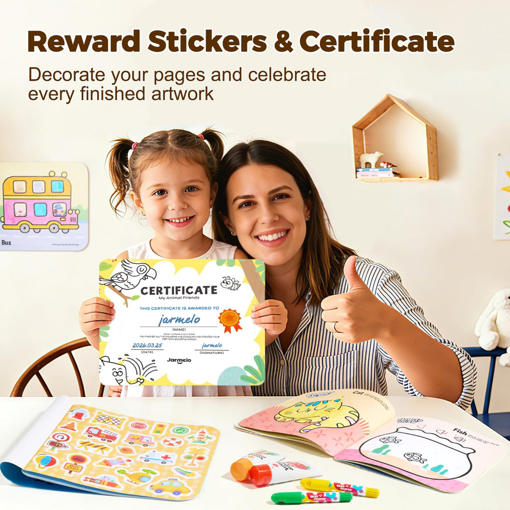 Jar Melo Toddler Coloring Books Ages 2-4: Animals & Vehicles 2-Pack with Stickers and Reward Certificate
