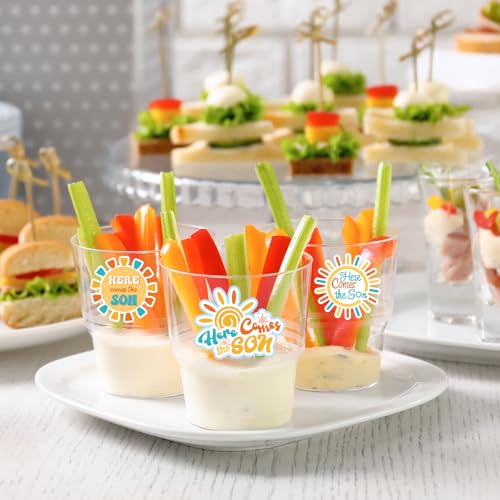 JarThenaAMCS 1000 Boho Rainbow 'Here Comes the Son' Stickers – 8 Sun Designs, Paper Self-Adhesive for Baby Shower and Party Favors