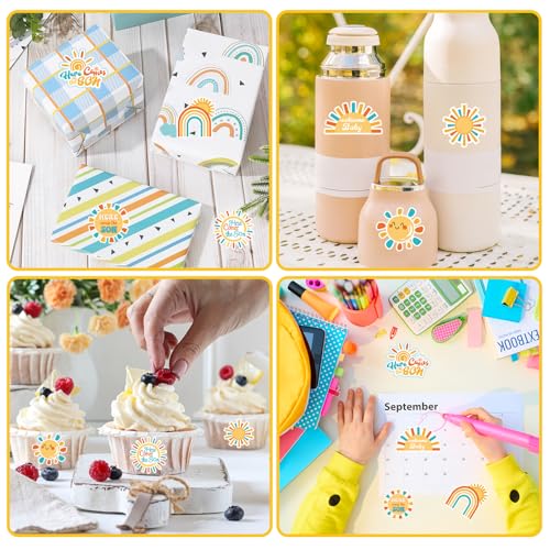 JarThenaAMCS 1000 Boho Rainbow 'Here Comes the Son' Stickers – 8 Sun Designs, Paper Self-Adhesive for Baby Shower and Party Favors