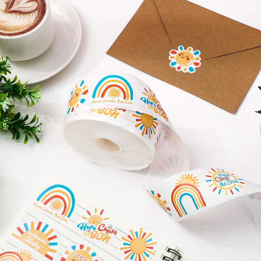 JarThenaAMCS 1000 Boho Rainbow 'Here Comes the Son' Stickers – 8 Sun Designs, Paper Self-Adhesive for Baby Shower and Party Favors