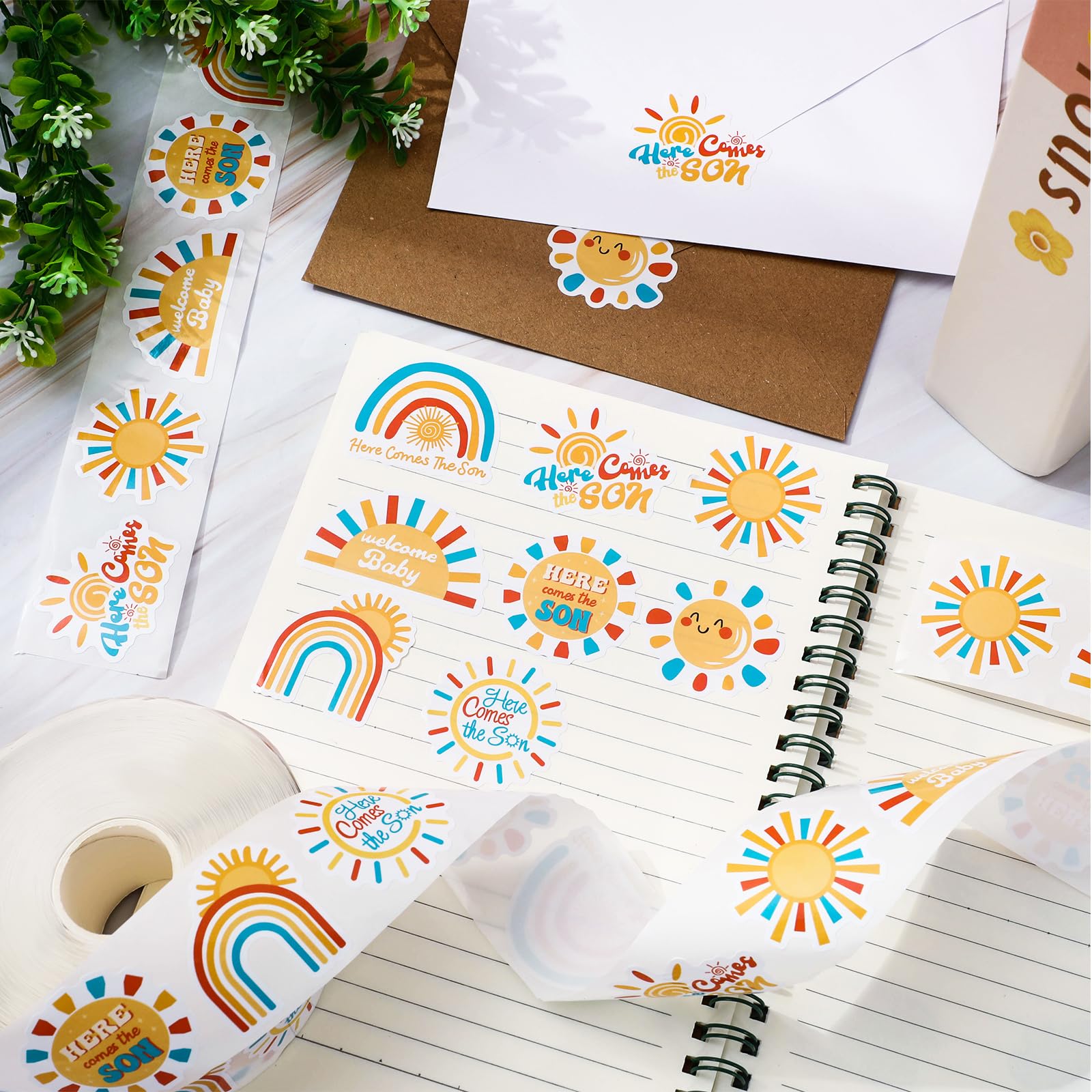 JarThenaAMCS 1000 Boho Rainbow 'Here Comes the Son' Stickers – 8 Sun Designs, Paper Self-Adhesive for Baby Shower and Party Favors