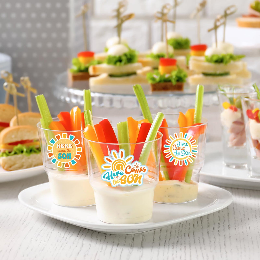 JarThenaAMCS 1000 Boho Rainbow 'Here Comes the Son' Stickers – 8 Sun Designs, Paper Self-Adhesive for Baby Shower and Party Favors