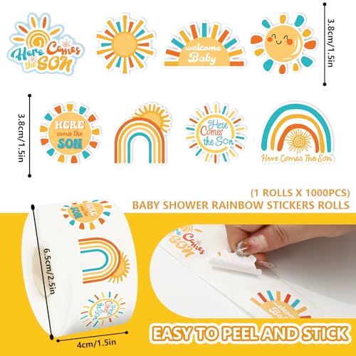 JarThenaAMCS 1000 Boho Rainbow 'Here Comes the Son' Stickers – 8 Sun Designs, Paper Self-Adhesive for Baby Shower and Party Favors