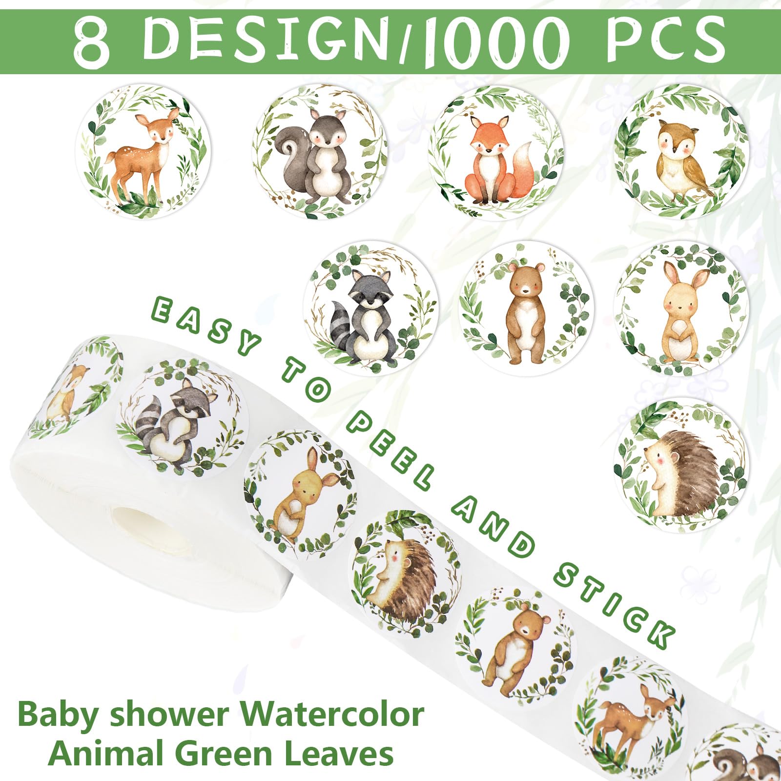 JarThenaAMCS 1000Pcs Woodland Animal Baby Shower Stickers - 8 Designs, Waterproof Adhesive Sealing Labels for Party Favors
