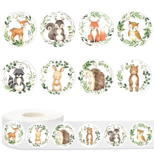 JarThenaAMCS 1000Pcs Woodland Animal Baby Shower Stickers - 8 Designs, Waterproof Adhesive Sealing Labels for Party Favors