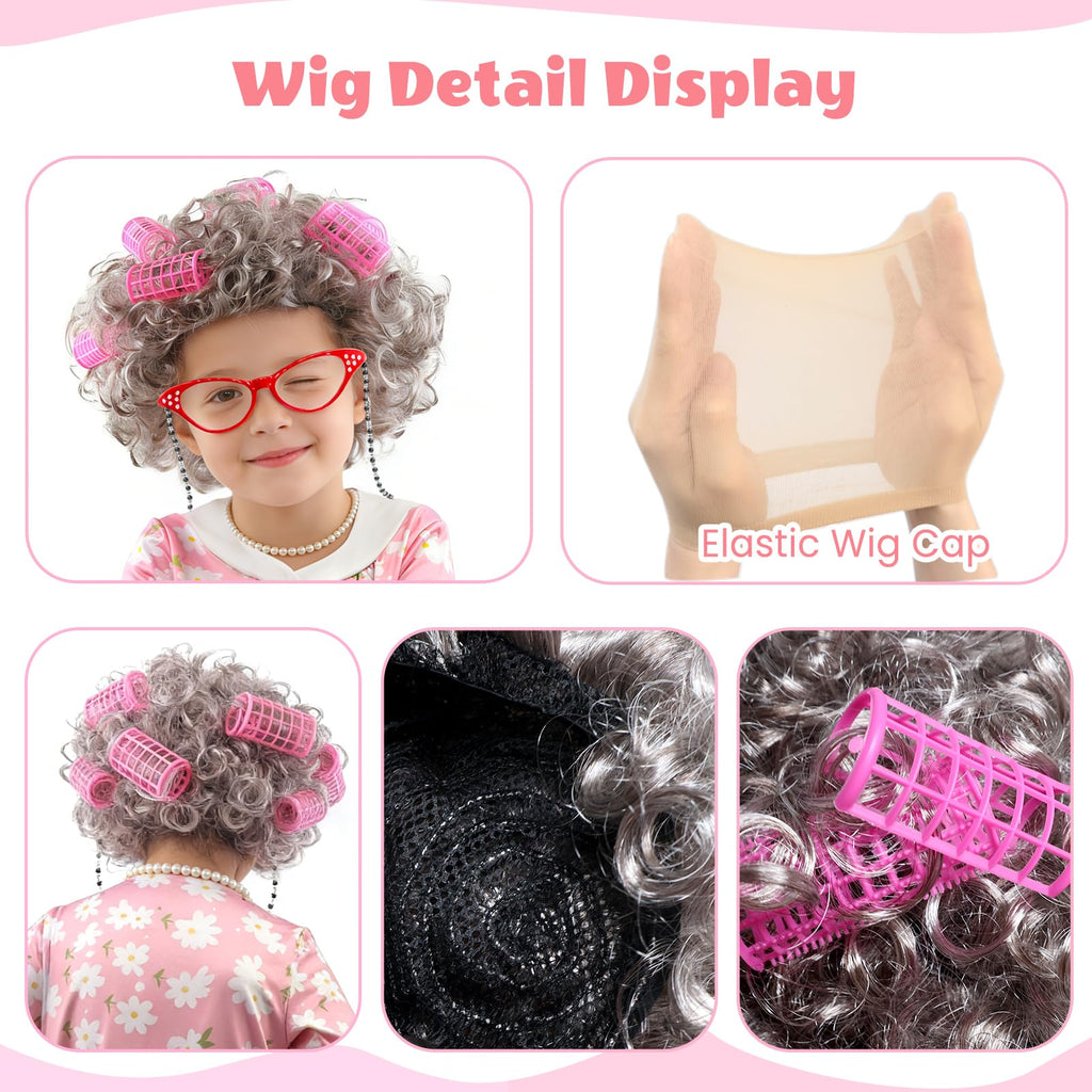 JASQQB Old Lady Costume for Kids – Complete Grandma Outfit with Wig and Accessories for 100 Days of School