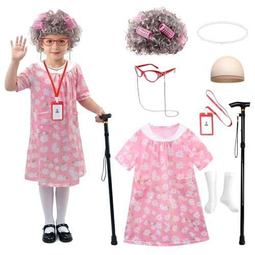 JASQQB Old Lady Costume for Kids – Complete Grandma Outfit with Wig and Accessories for 100 Days of School